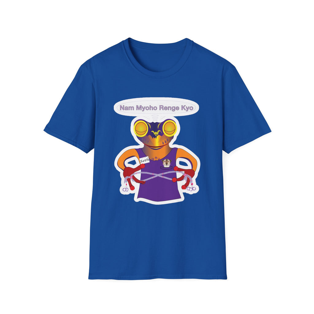Mc Frog Meditates Believe in Mystic Law Sticker T‑Shirt — Spiritual Buddhist Mantra Graphic Tee