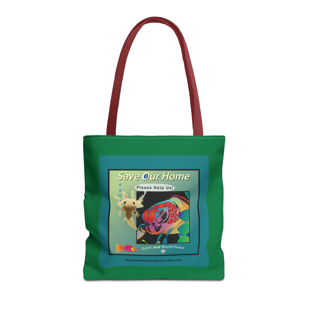 Sea Turtle & Axolotl Green Tote Bag