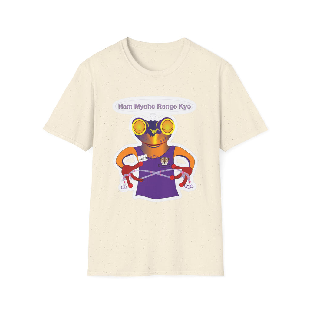 Mc Frog Meditates Believe in Mystic Law Sticker T‑Shirt — Spiritual Buddhist Mantra Graphic Tee