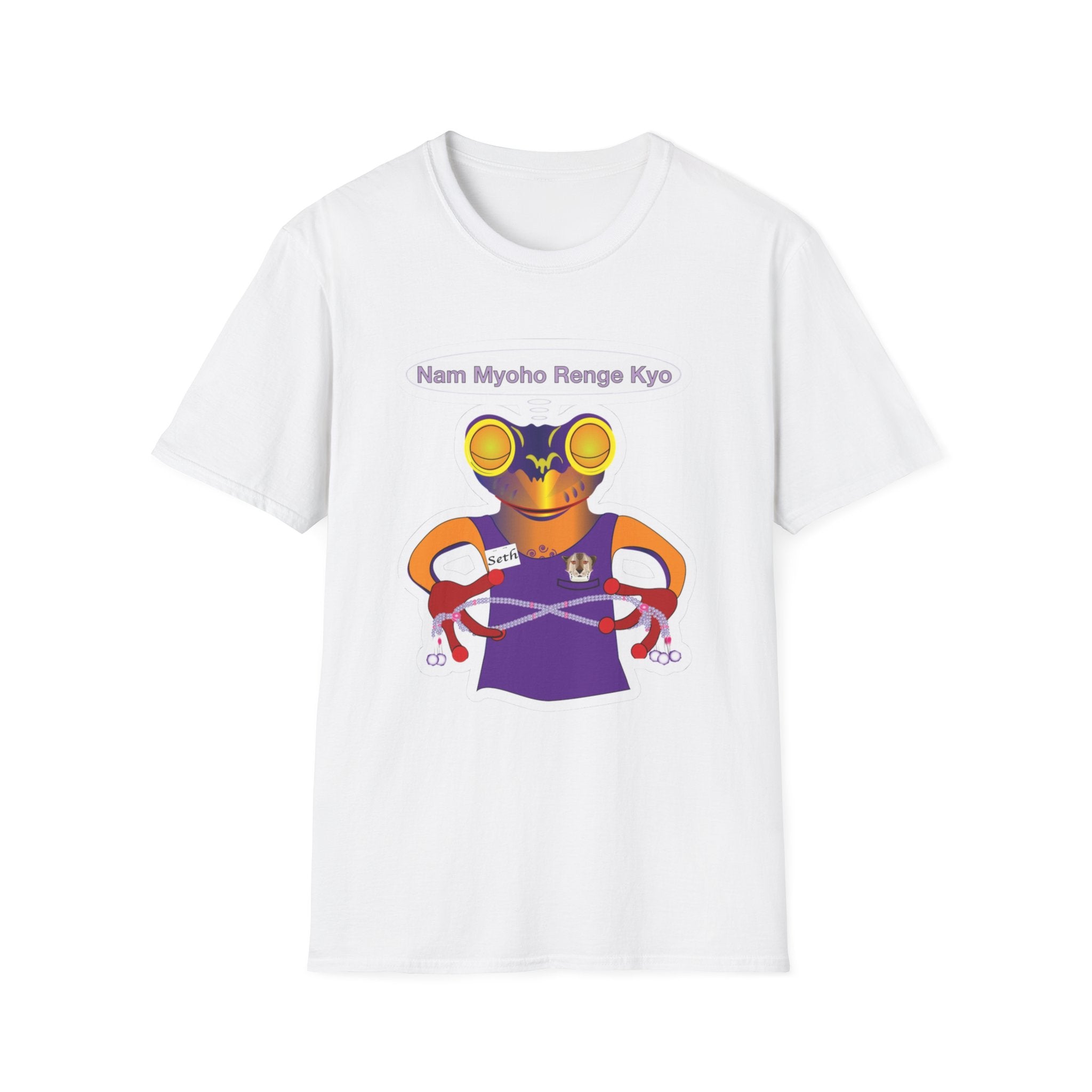 Mc Frog Meditates Believe in Mystic Law Sticker T‑Shirt — Spiritual Buddhist Mantra Graphic Tee