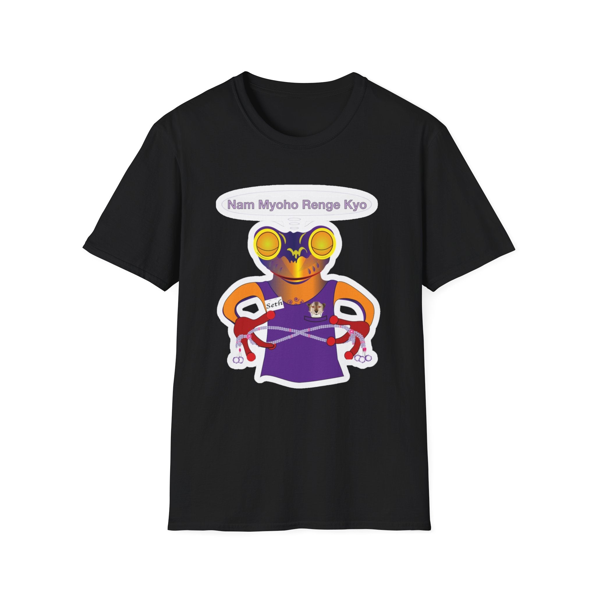 Mc Frog Meditates Believe in Mystic Law Sticker T‑Shirt — Spiritual Buddhist Mantra Graphic Tee