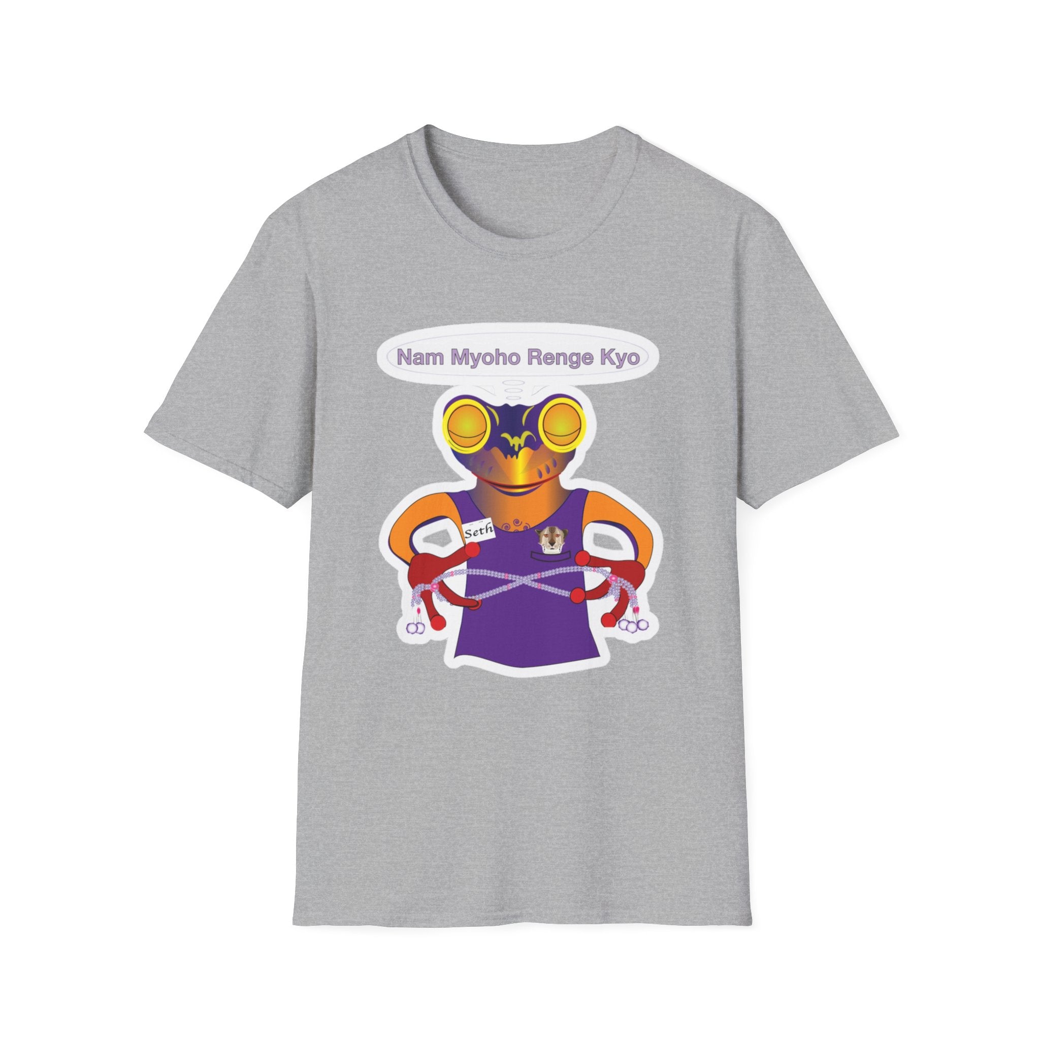 Mc Frog Meditates Believe in Mystic Law Sticker T‑Shirt — Spiritual Buddhist Mantra Graphic Tee